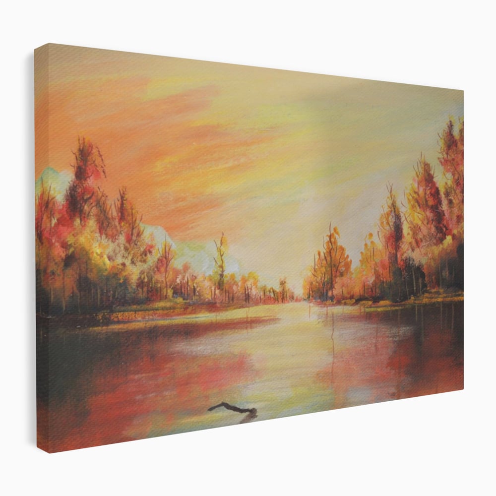 Tablou canvas cu pictura cu peisaj de toamna si lac, fara rama, pe sasiu de lemn